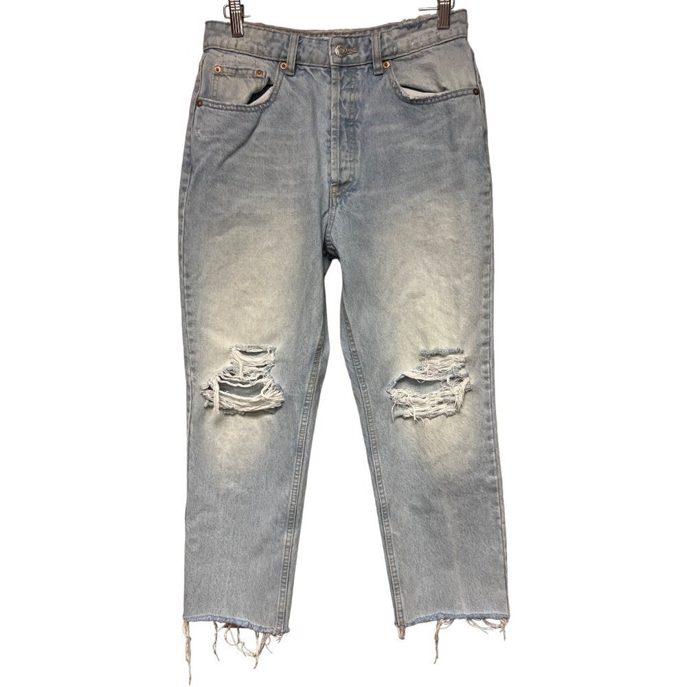 Zara High Rise Distressed Raw Hem Denim Cropped Blue Jeans Women's Size 8